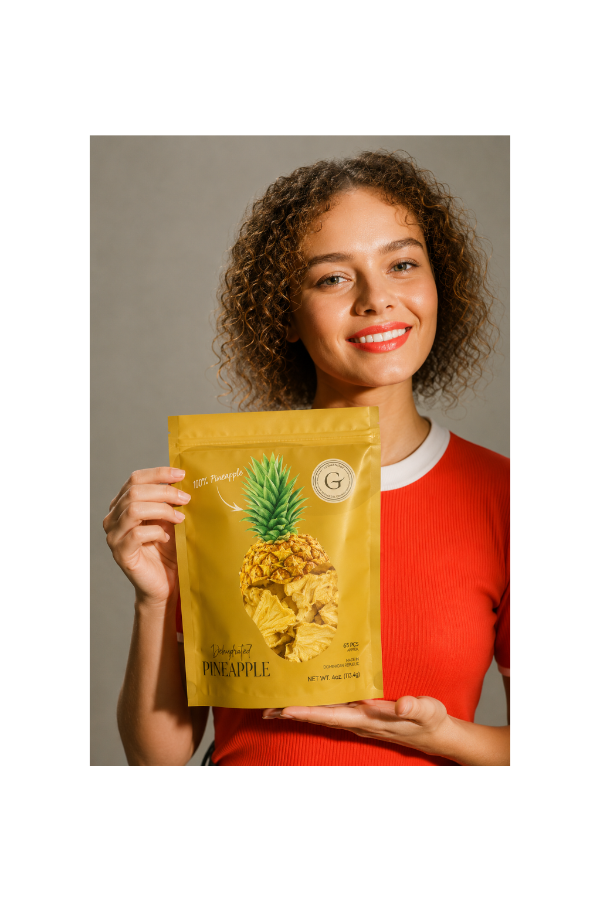 Woman holding premium dehydrated pineapple cocktail garnish bag for drinks, mocktails and tropical cocktails